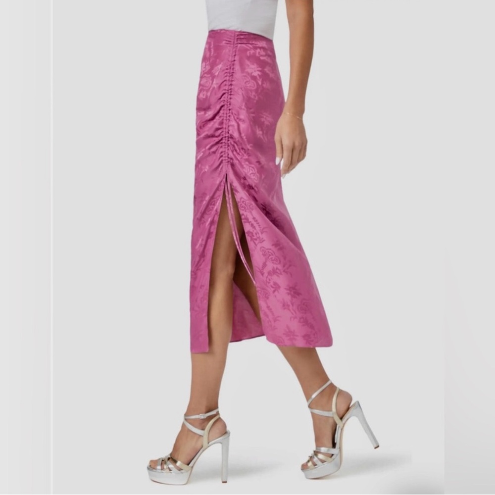PAIGE Pink Silk Ruched midi skirt XSmall Damask Floral Women's Dusty Plum 90s - Picture 2 of 13